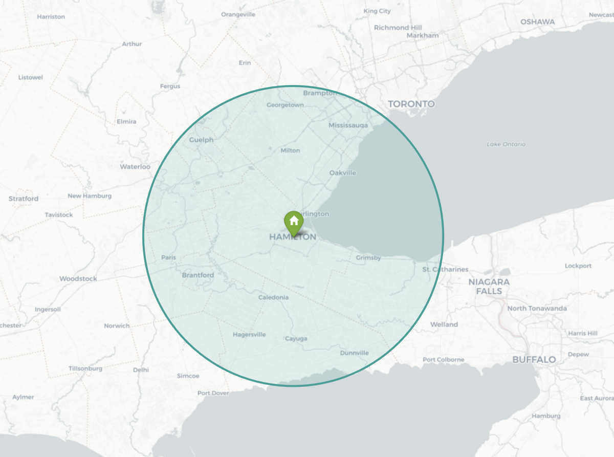 eRoof.ca service area map — Hamilton, Burlington and surrounding GTA communities
